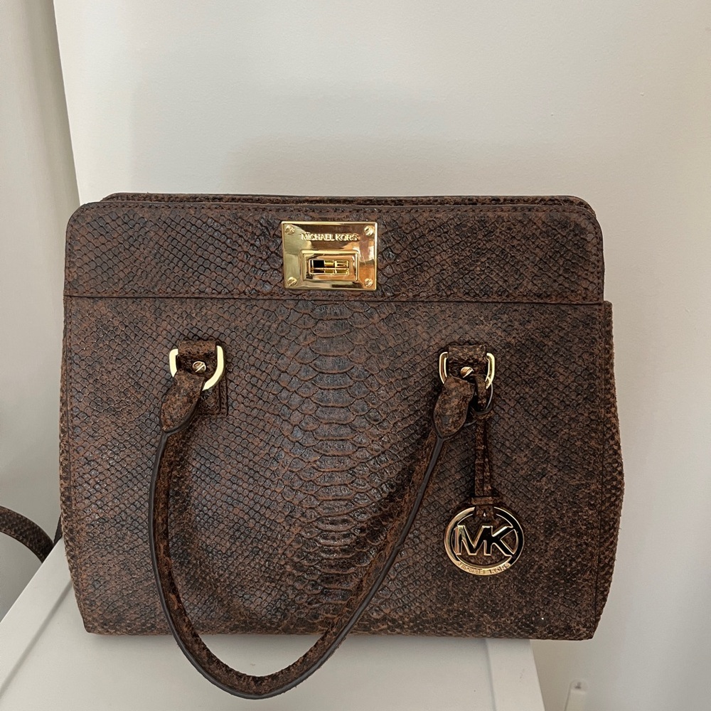 Michael Kors Dark Brown Snake-Embossed Satchel with Gold Hardware